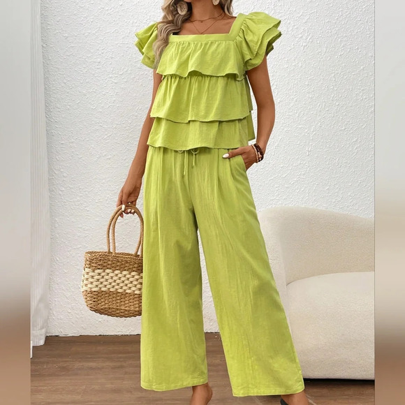 Solid Square Neck Top And Straight Pants Summer Casual Set - Picture 1 of 6